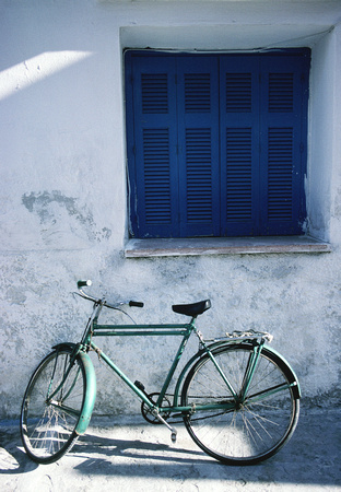 Bicycle and Blue Shutters, Paros